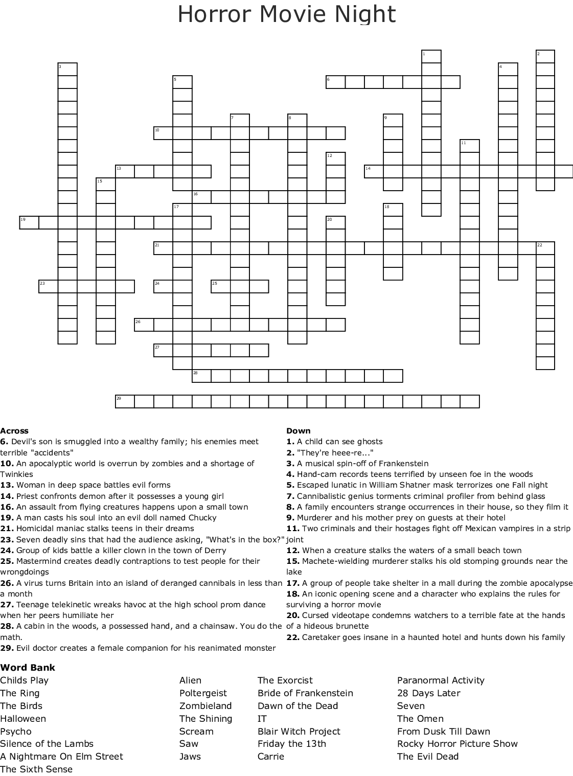 Horror Movie Crossword Puzzles Printable