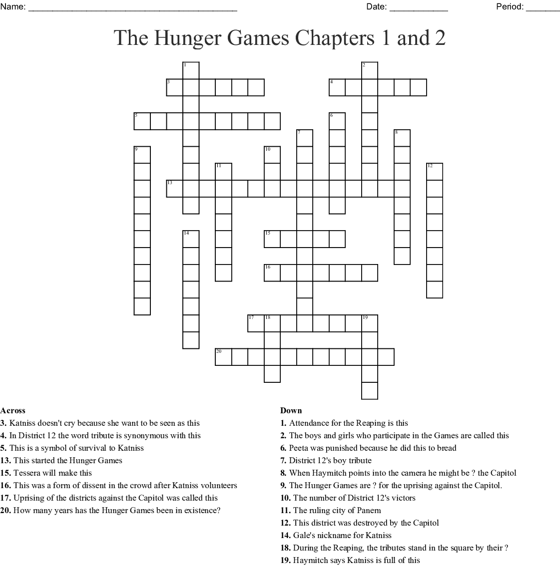Hunger Games Crossword Puzzle Printable