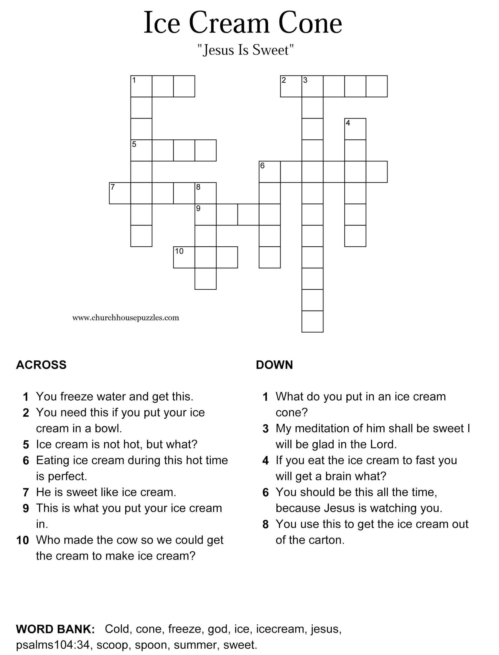 Ice Cream Crossword Puzzle Printable