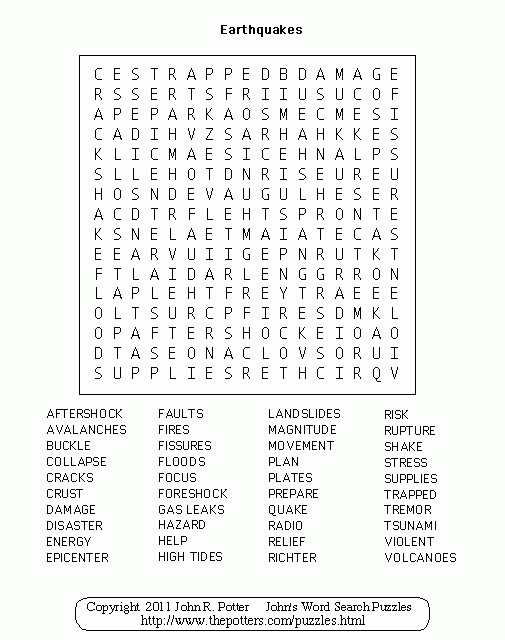 John S Word Search Puzzles Earthquakes