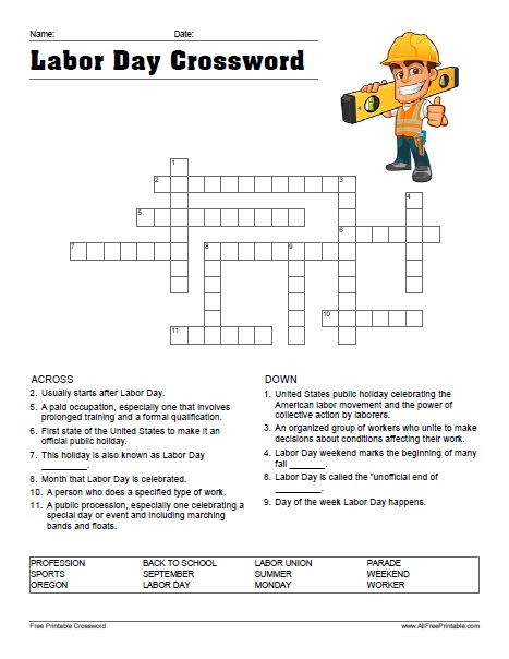 Labor Day Crossword Puzzle Printable