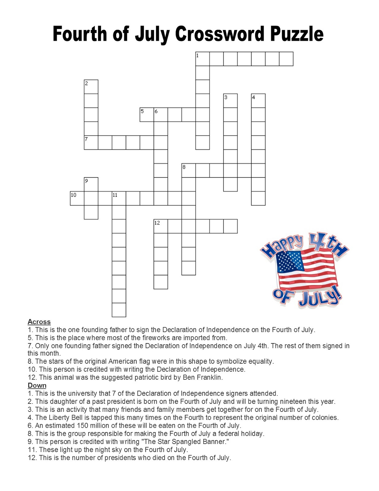 4th Of July Crossword Printable
