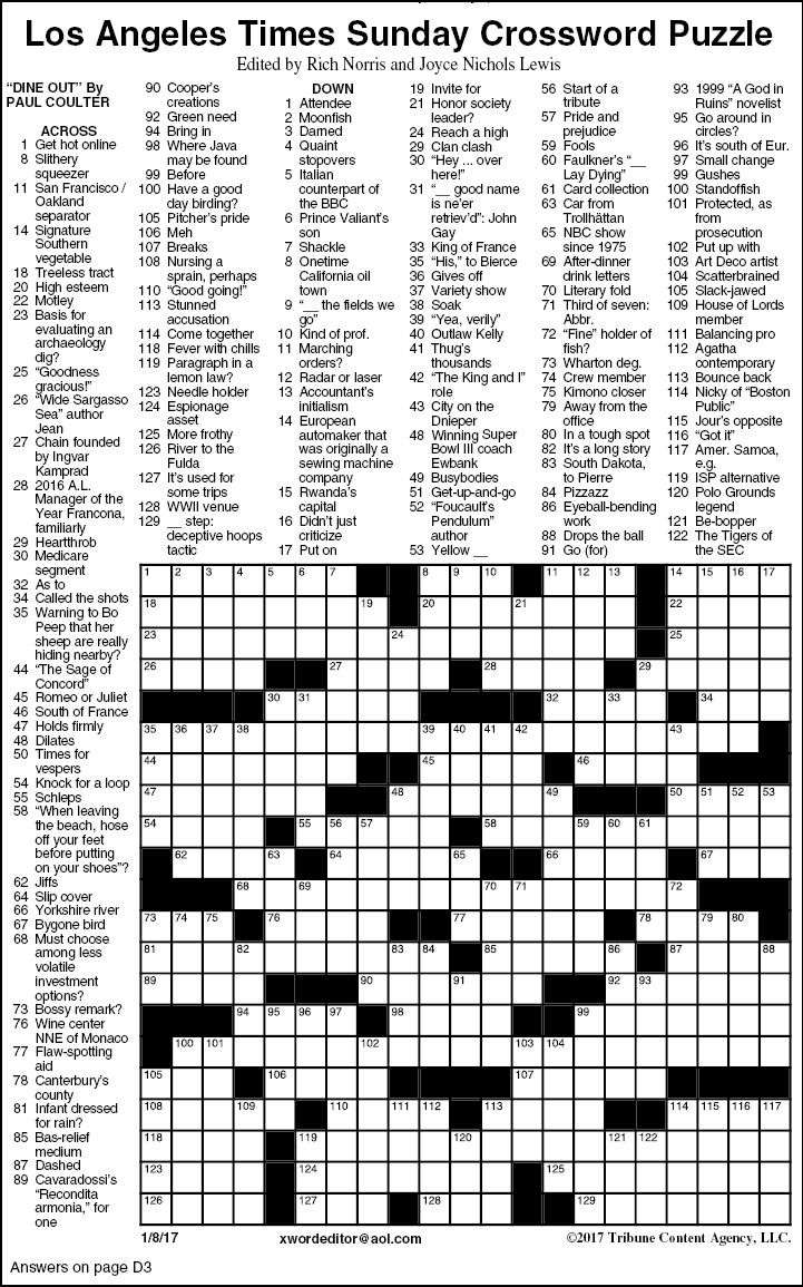 Los Angeles Times Crossword Puzzle For Today Printable