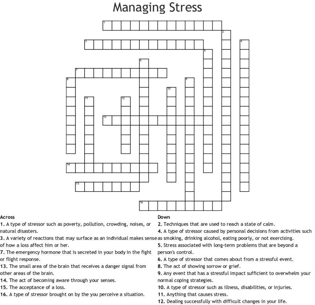 Managing Stress Crossword Wordmint Printable Stress