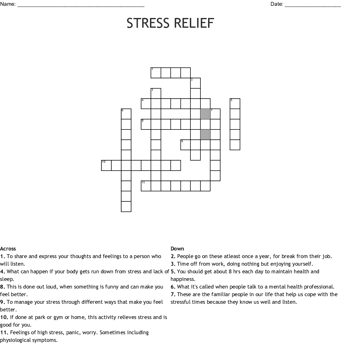 Printable Stress Management Crossword Puzzle