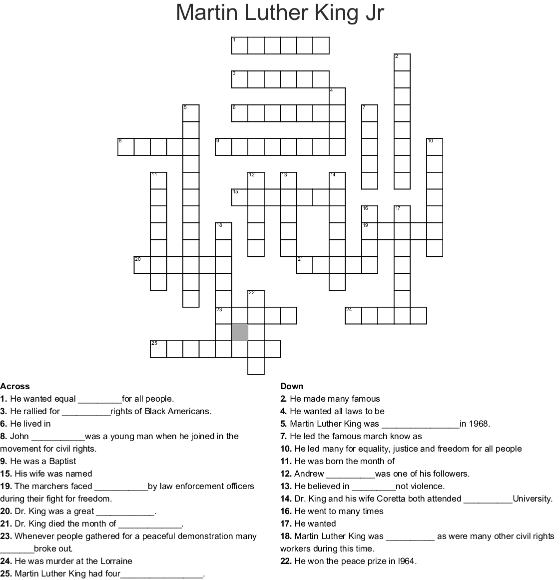 Martin Luther King Jr Crossword Puzzle Printable