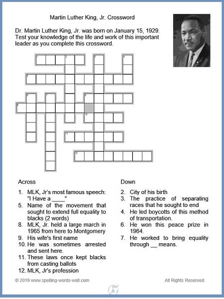 Martin Luther King Jr Crossword Puzzle