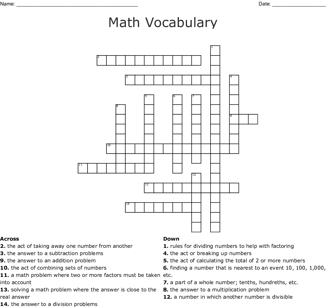 5th Grade Math Vocabulary Crossword Puzzles Printable