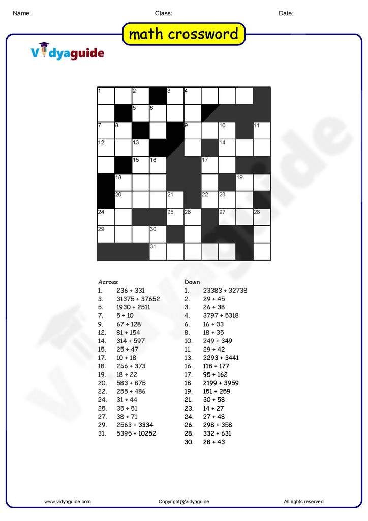 Free Printable Math Crossword Puzzles