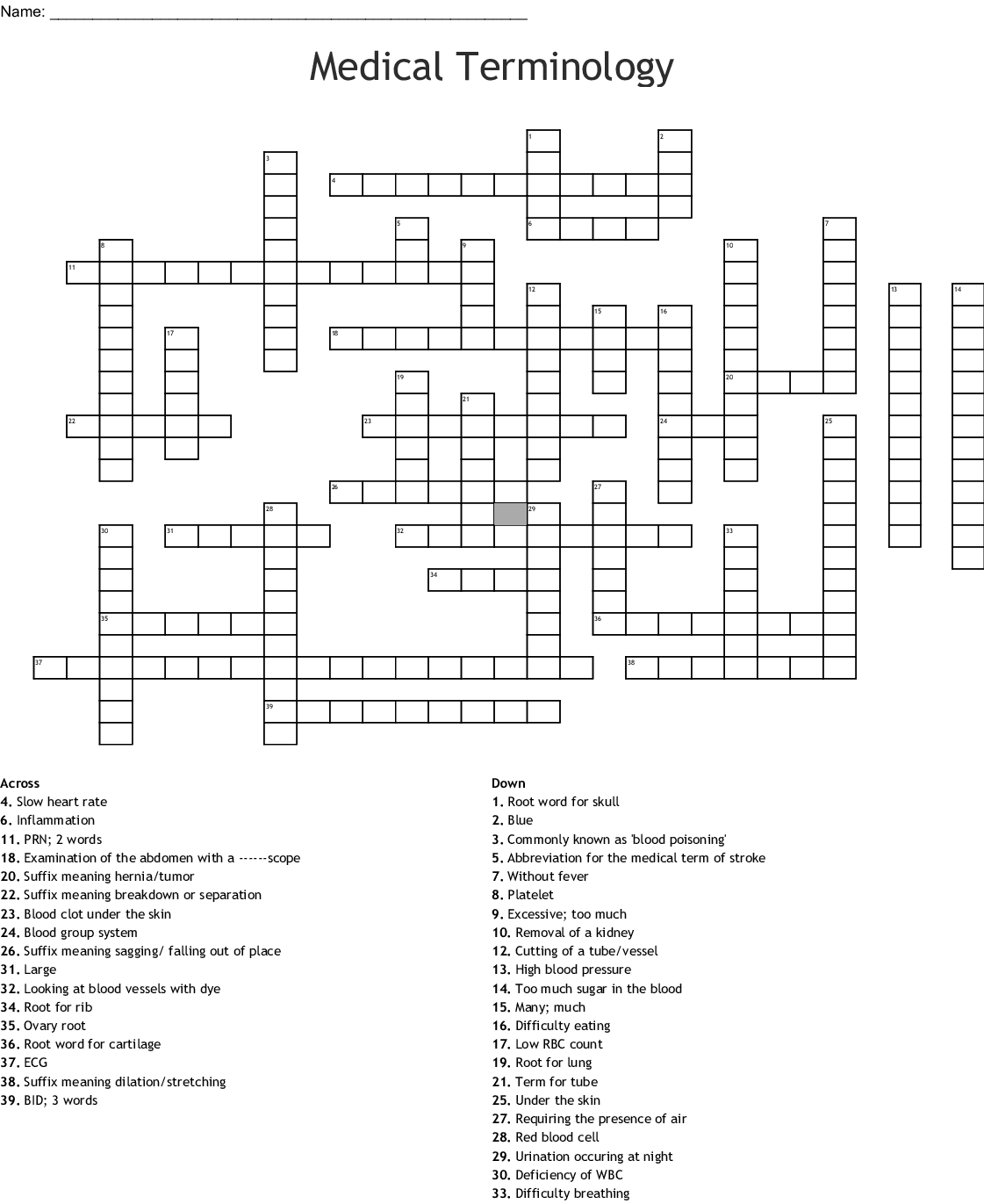 Medical Terminology Crossword Puzzles Printable