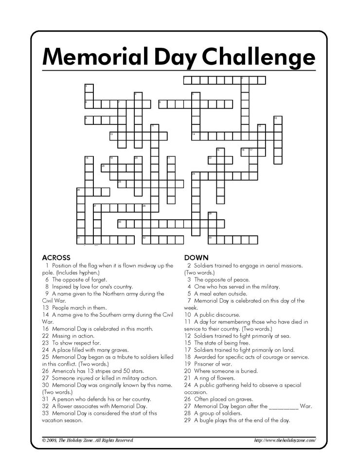 Memorial Day Crossword Puzzle Printable