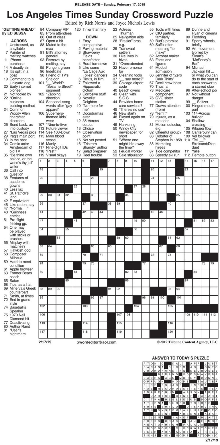 La Times Crossword Printable Mensa