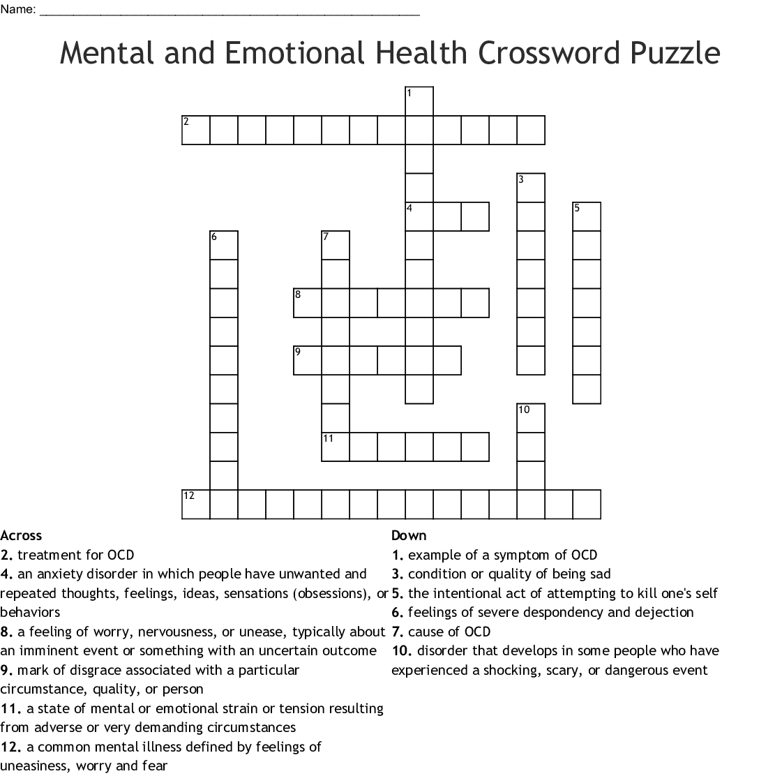 Printable Mental Health Crossword Puzzle