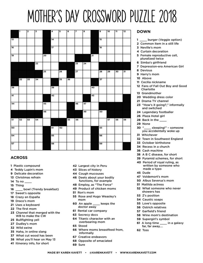 Mother S Day Crossword Puzzle 2018 Karen Kavett