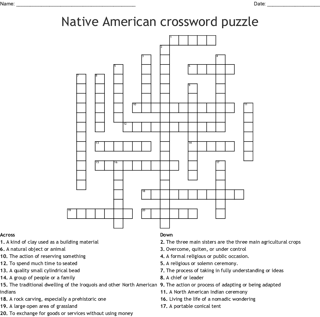 Native American Crossword Puzzle Printable