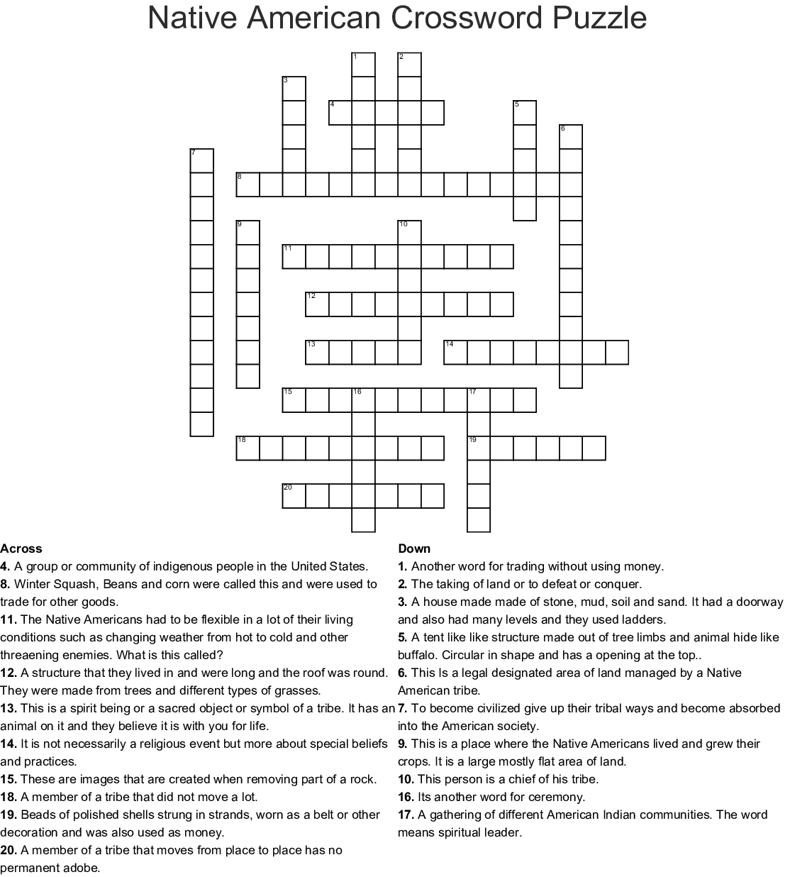 Native American Crossword Puzzle Printable