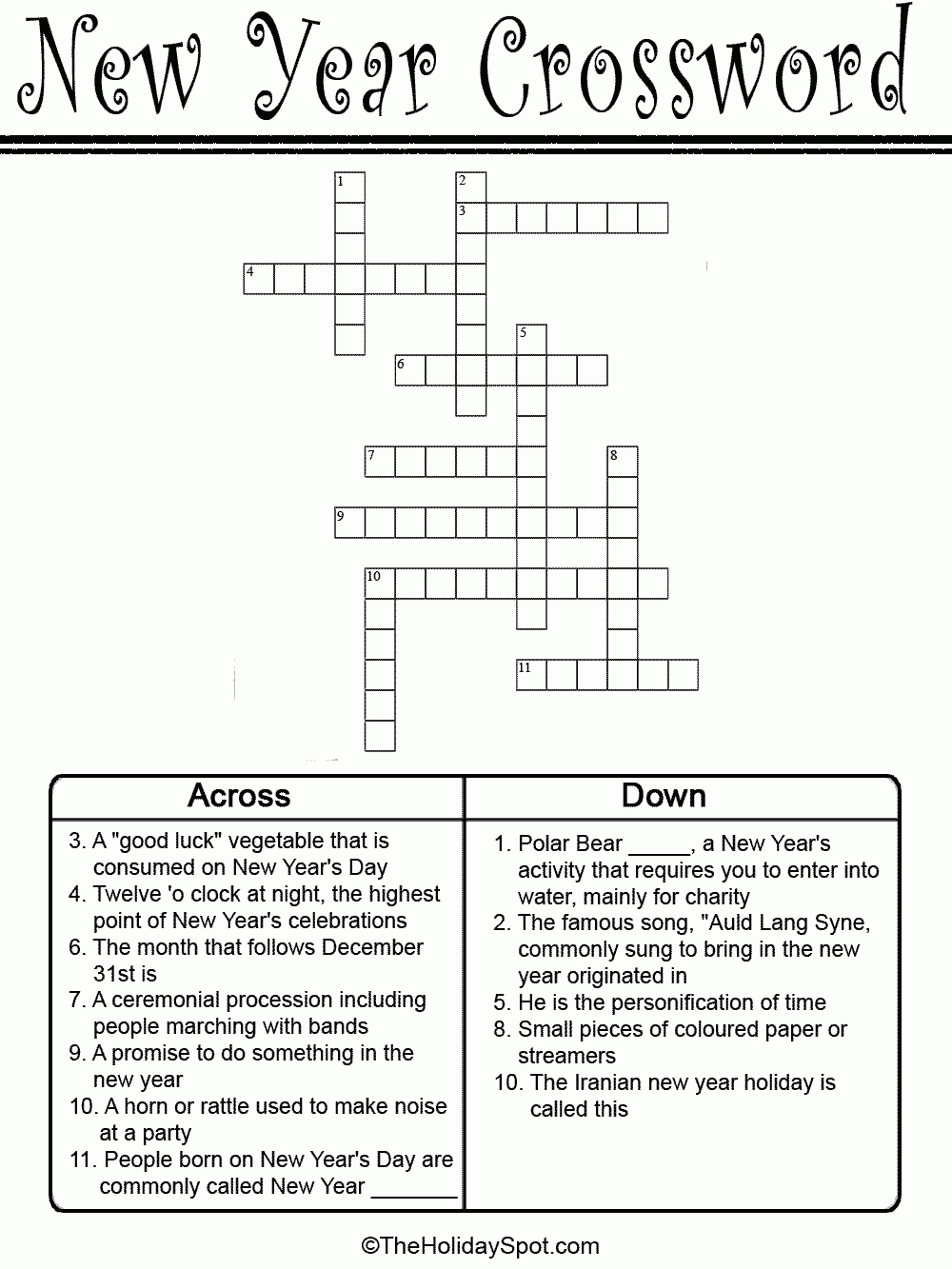 Free Printable New Year's Crossword Puzzle