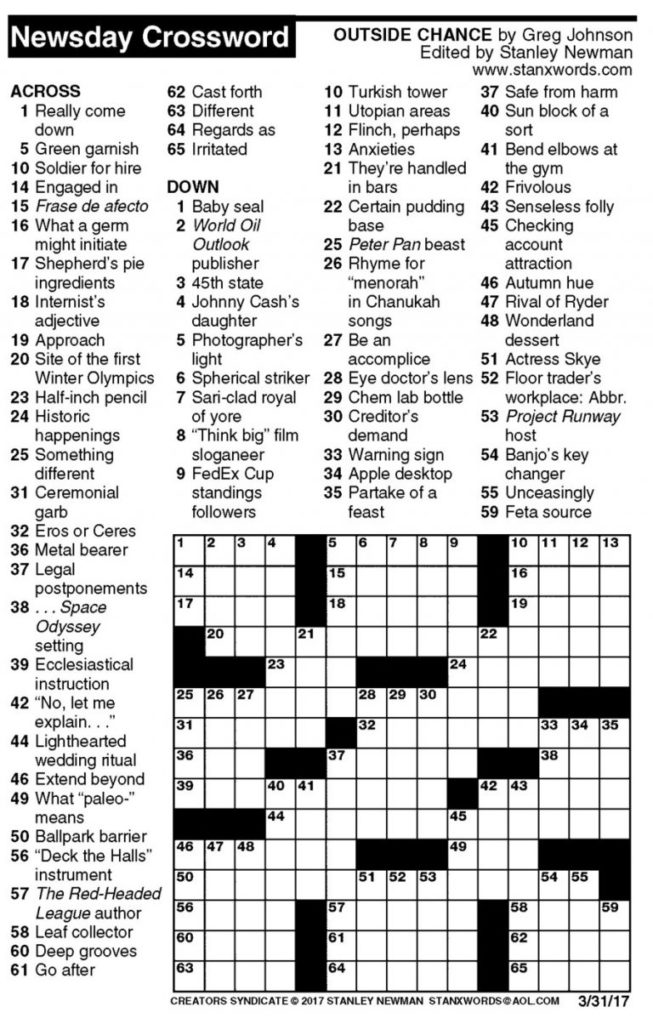 Newsday Crossword Puzzle For Mar 31 2017 Stanley Newman