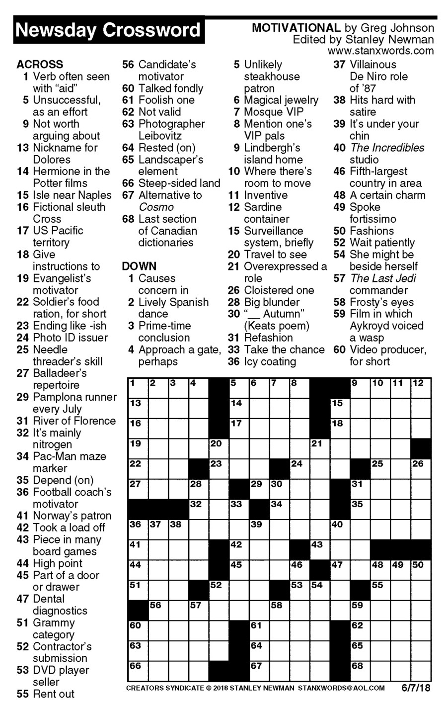 Stanley Newman Printable Crossword Puzzles