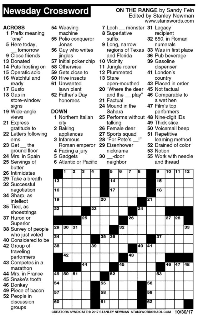 Newsday Crossword Puzzle For Oct 30 2017 By Stanley