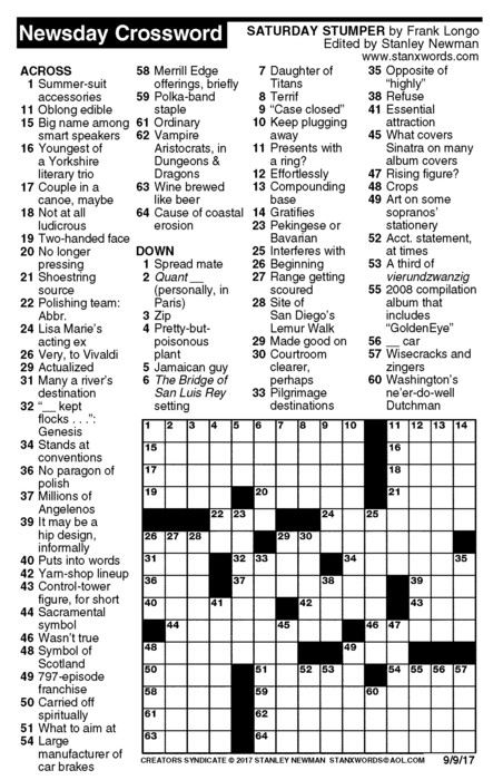 Newsday Crossword Puzzle For Sep 09 2017 By Stanley