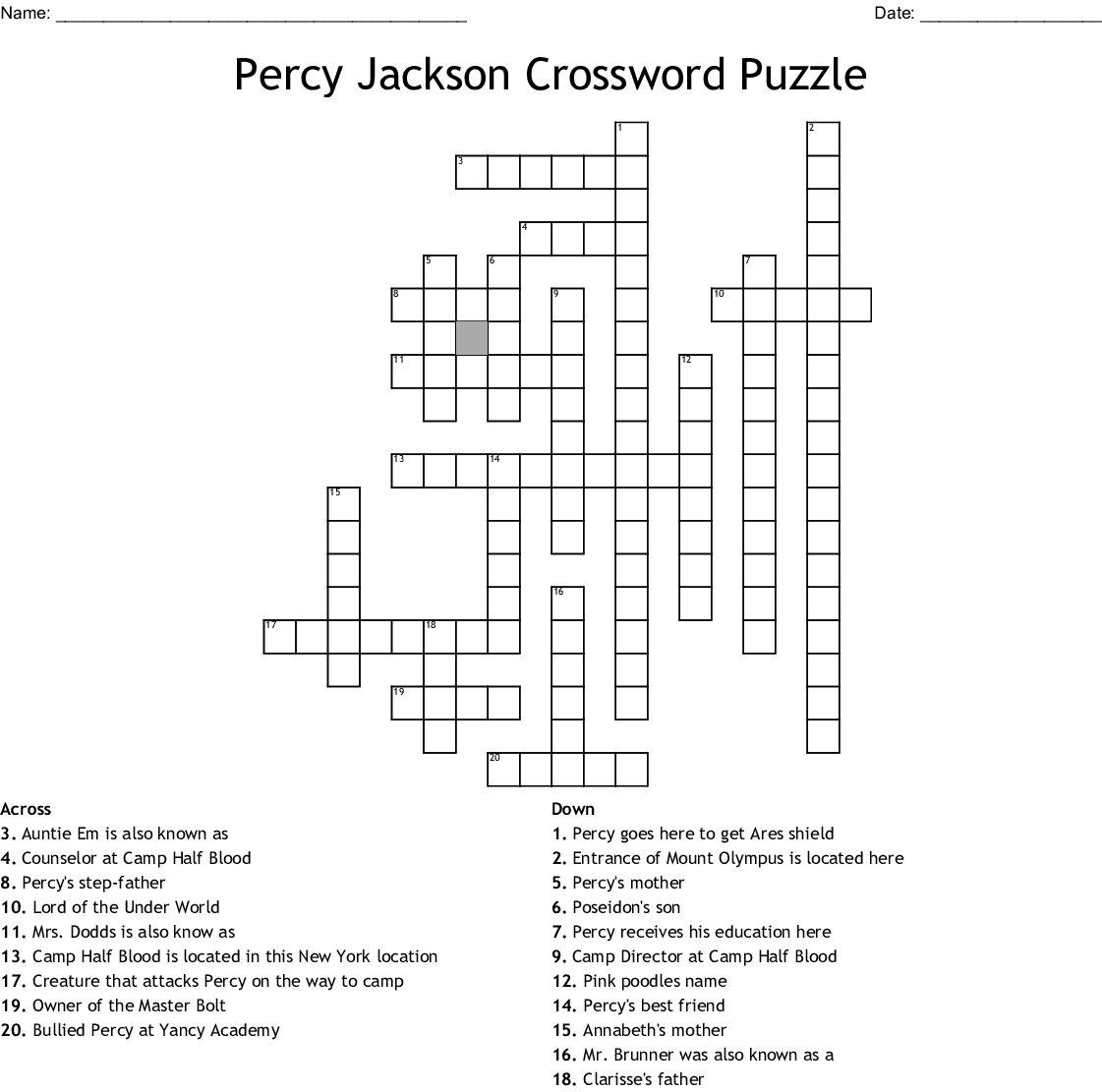 Percy Jackson Crossword Puzzle Printable