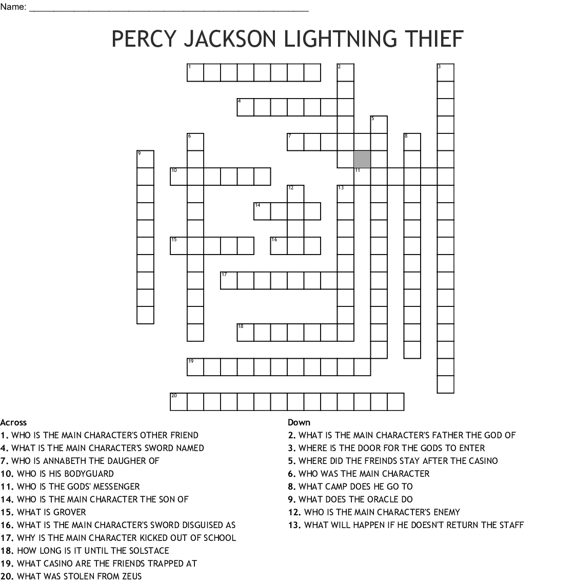 Percy Jackson Crossword Puzzle Printable