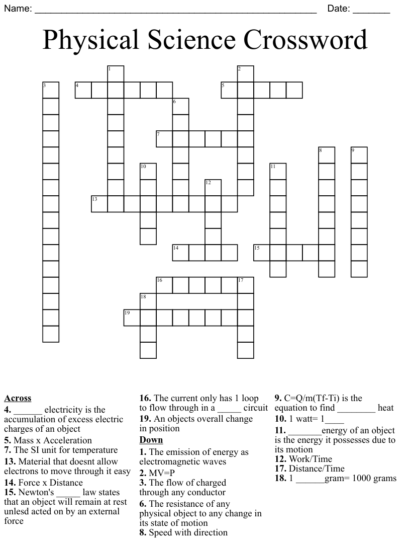 Physical Science Crossword Puzzles Printable