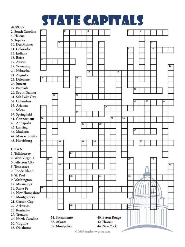50 States Crossword Puzzle Printable