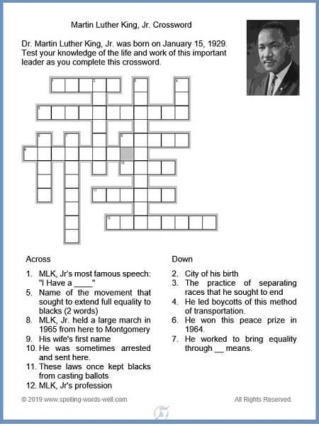Martin Luther King Crossword Puzzle Printable