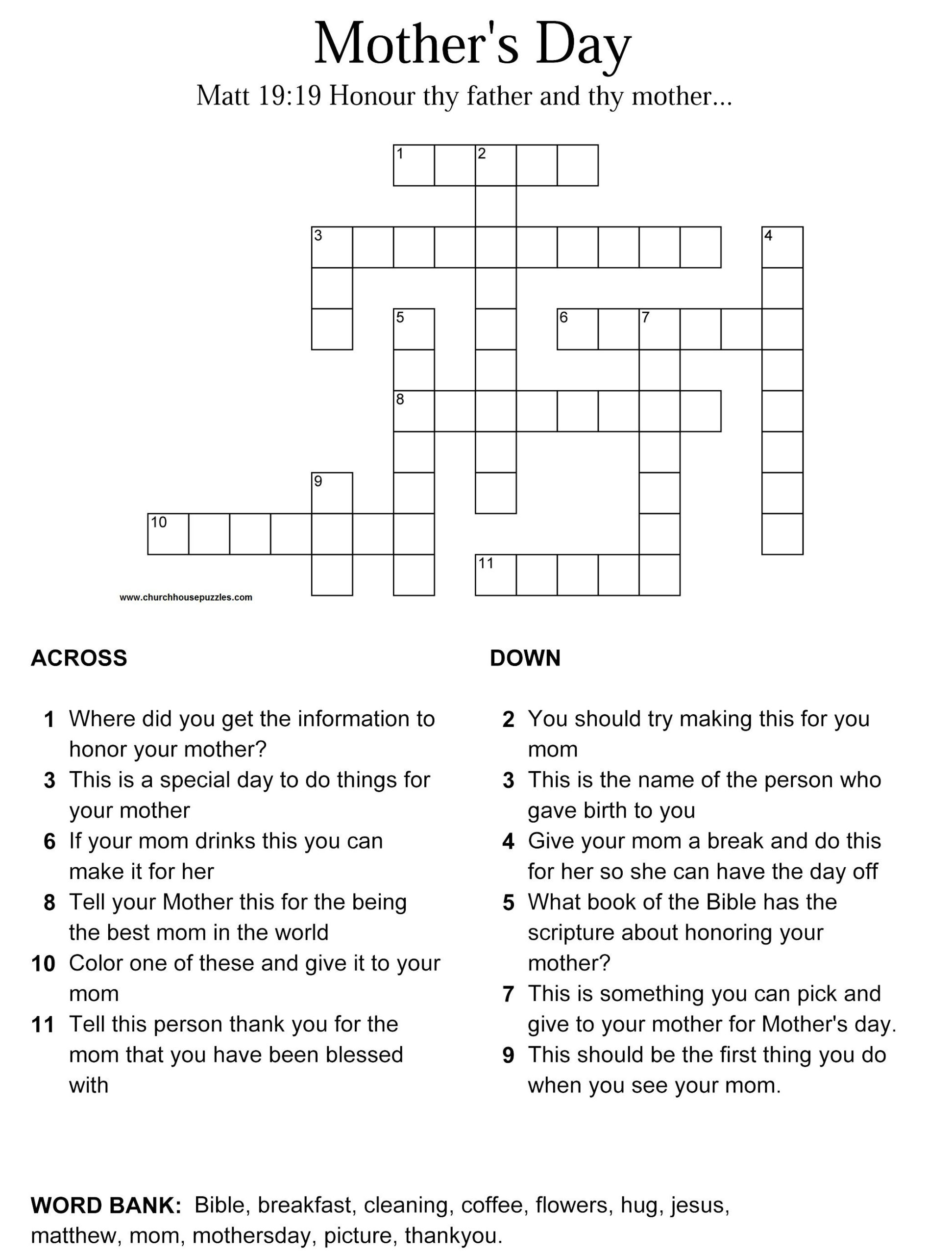 Mother's Day Crossword Puzzle Printable