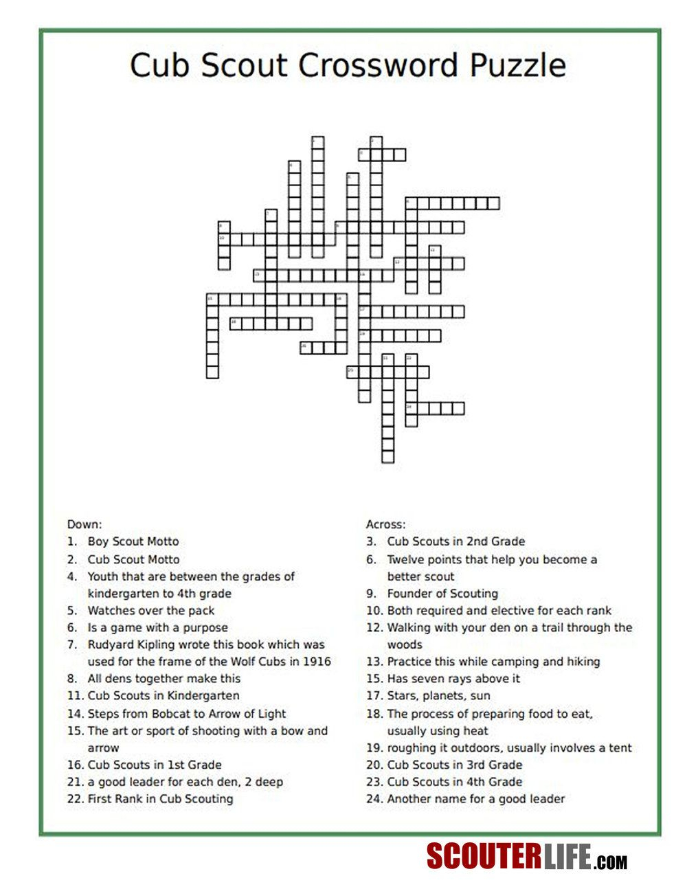Cub Scout Crossword Printable