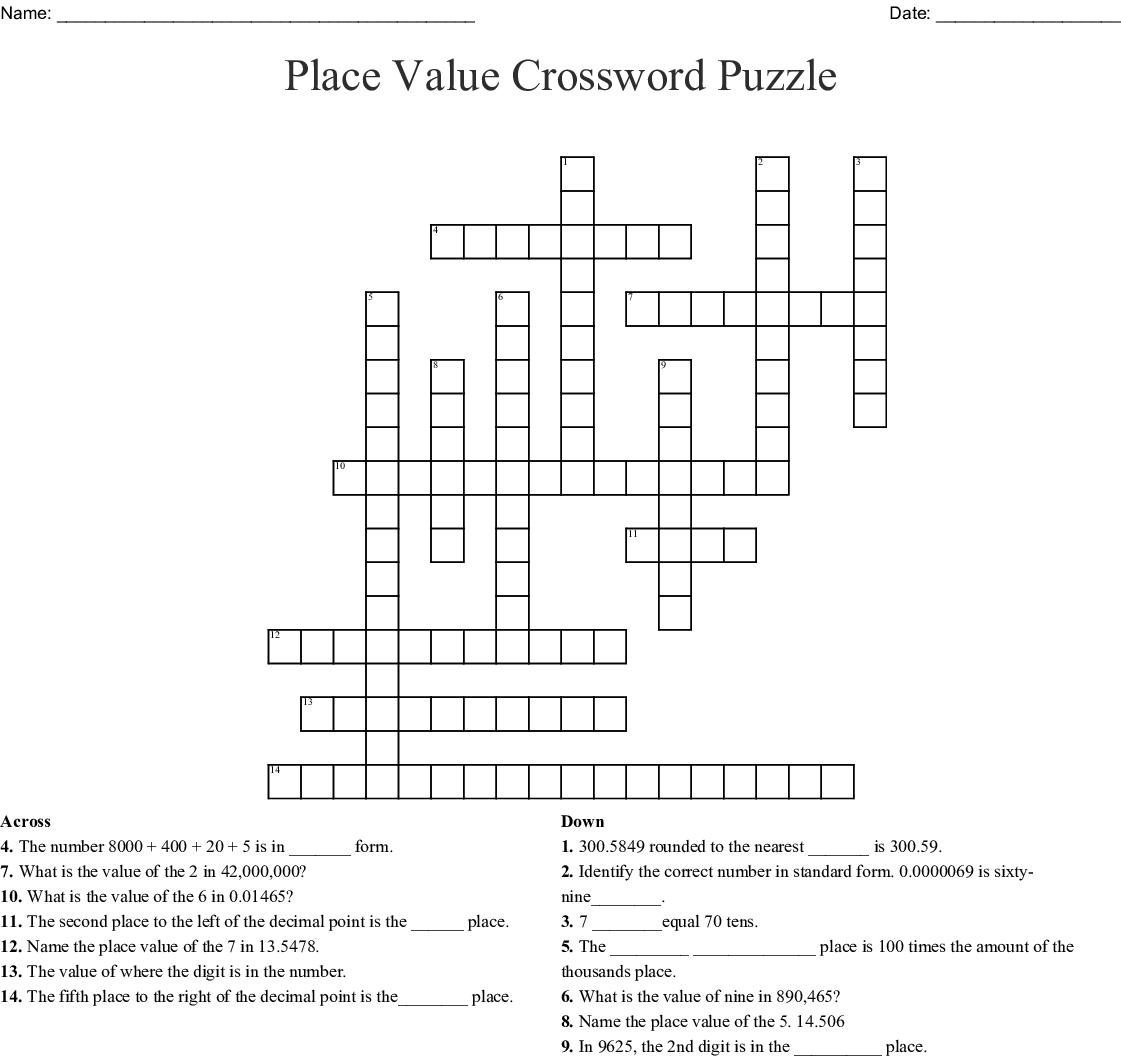 Place Value Crossword Puzzle Printable