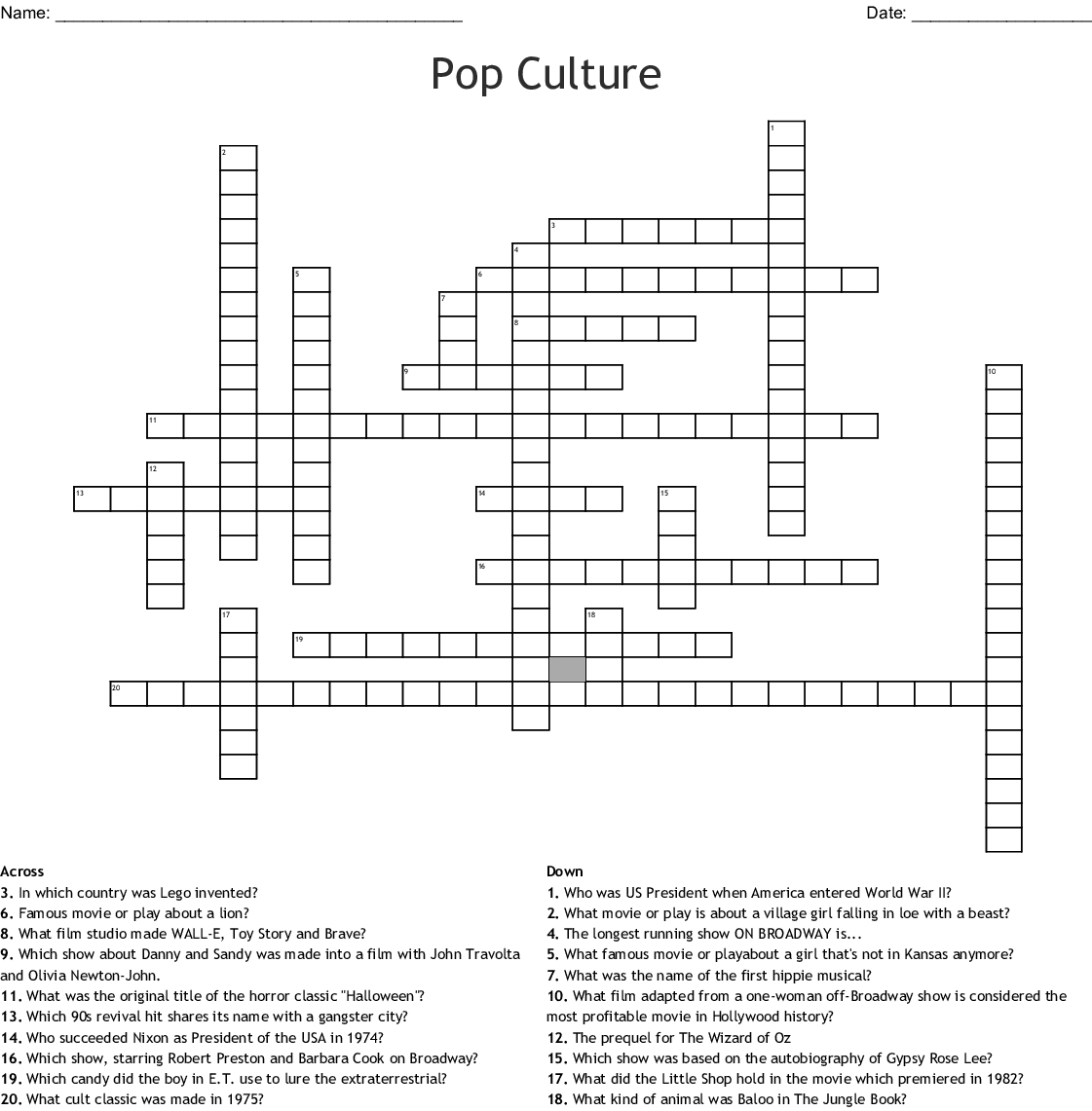 Pop Culture Crossword Printable