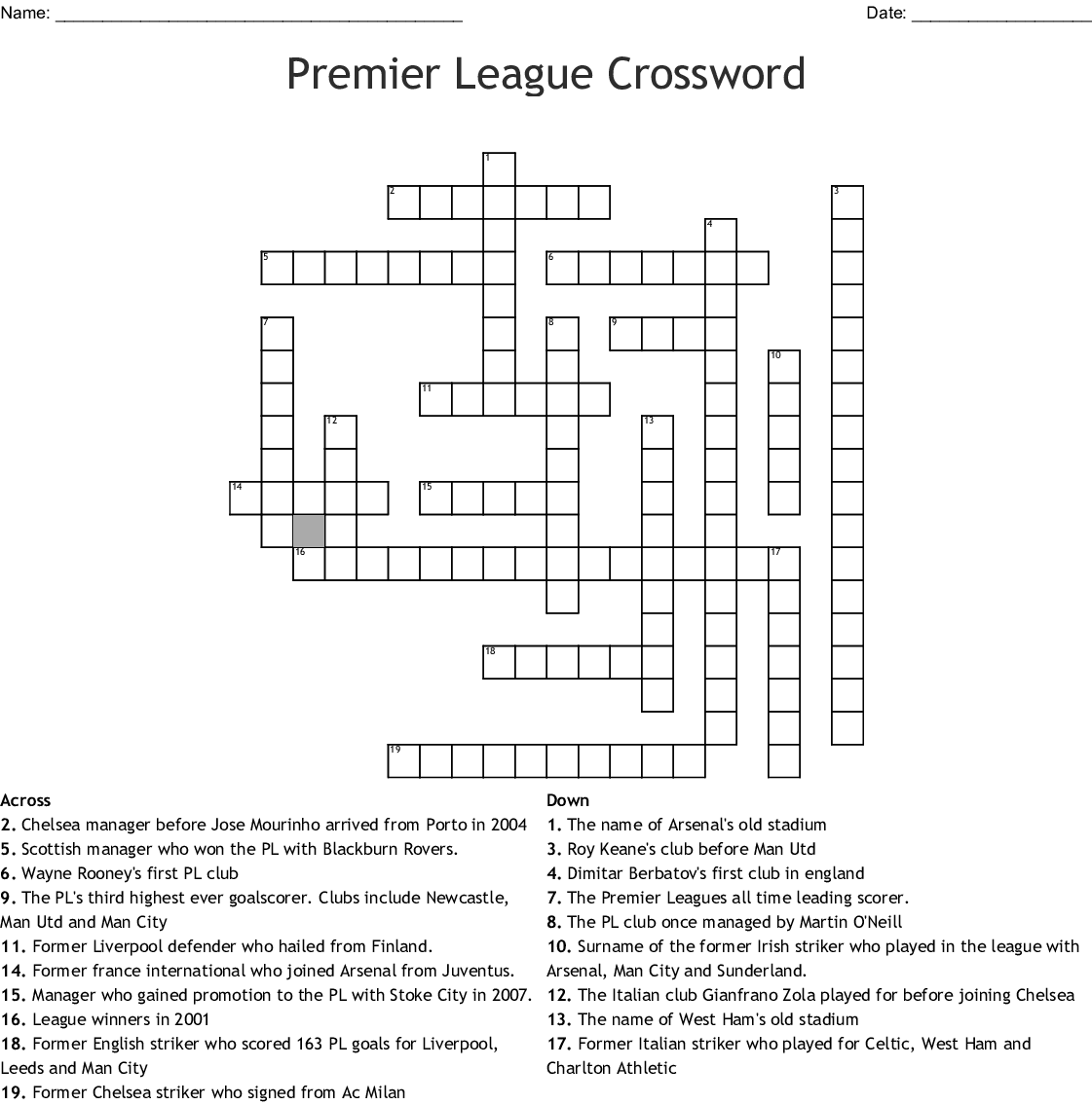 English Football Crosswords Printable