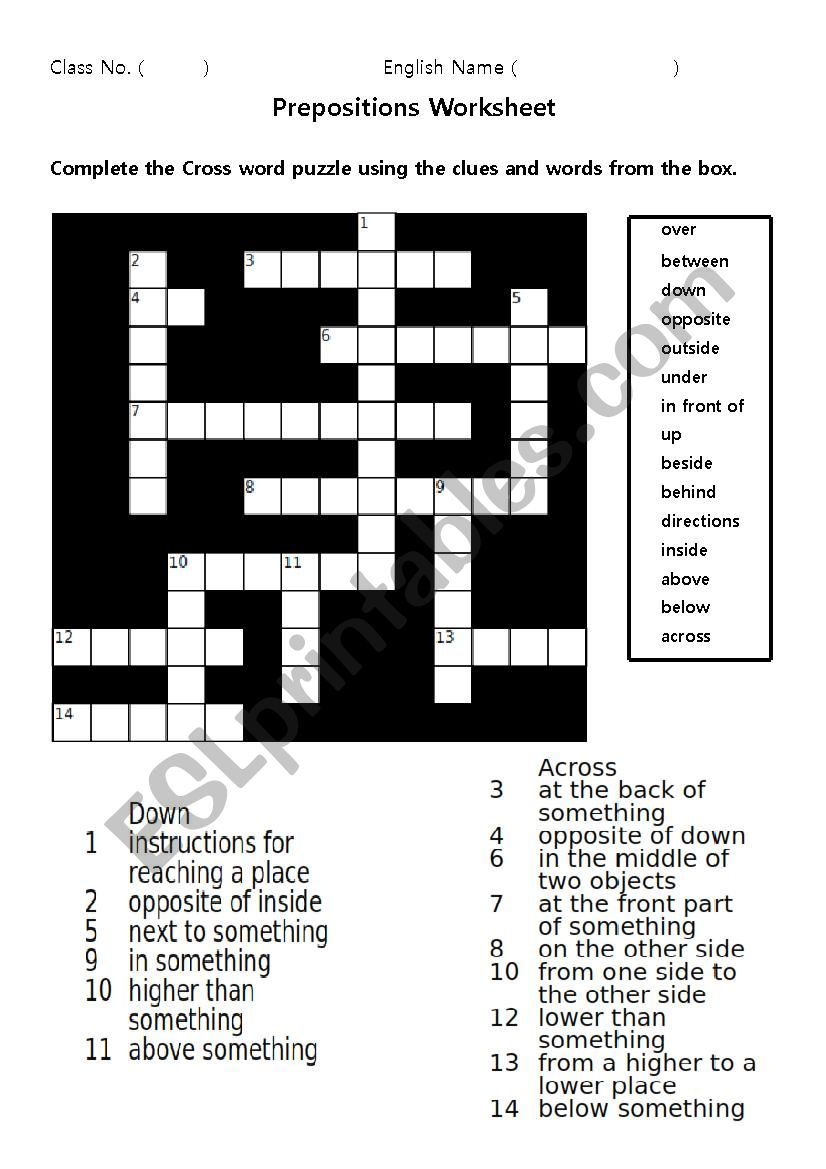 Preposition Crossword Puzzle Printable