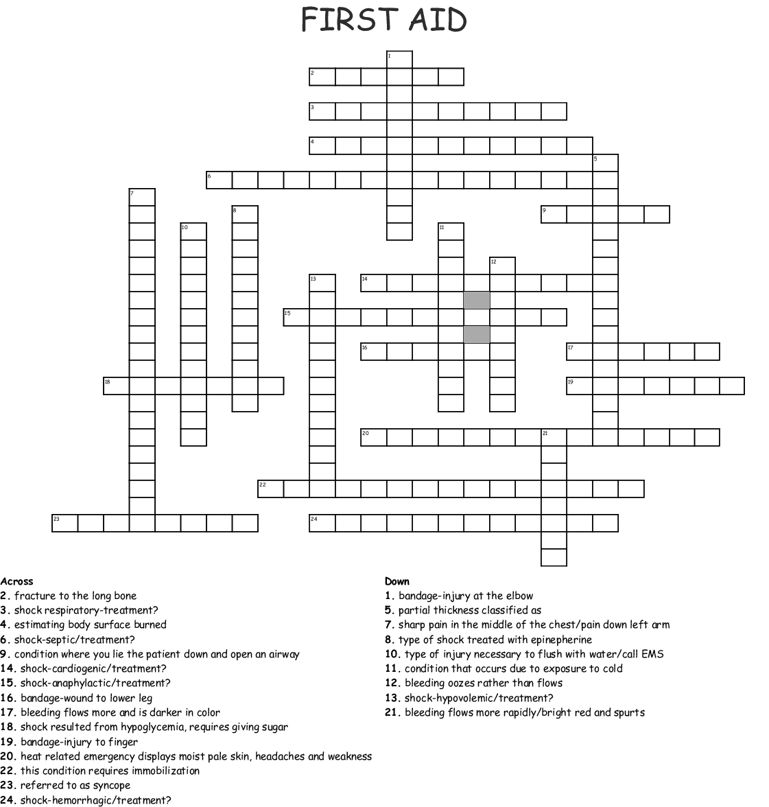 First Aid Crossword Puzzle Printable
