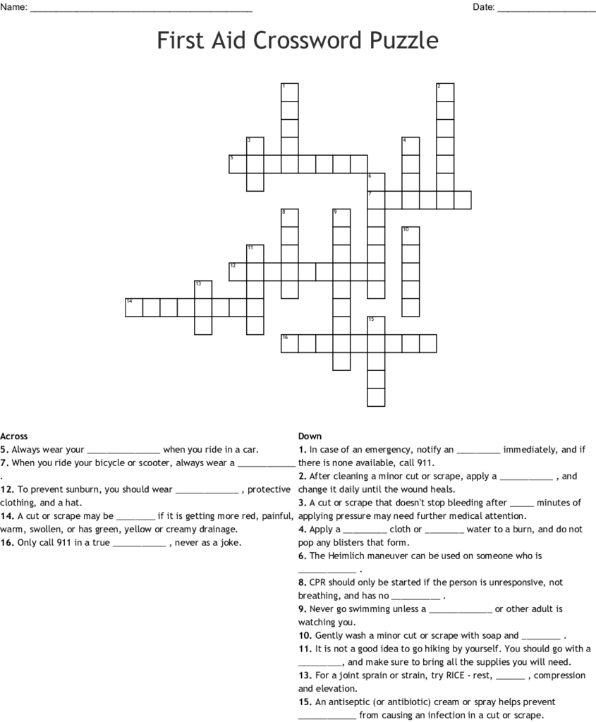 Printable Crossword Puzzle First Aid Printable Crossword