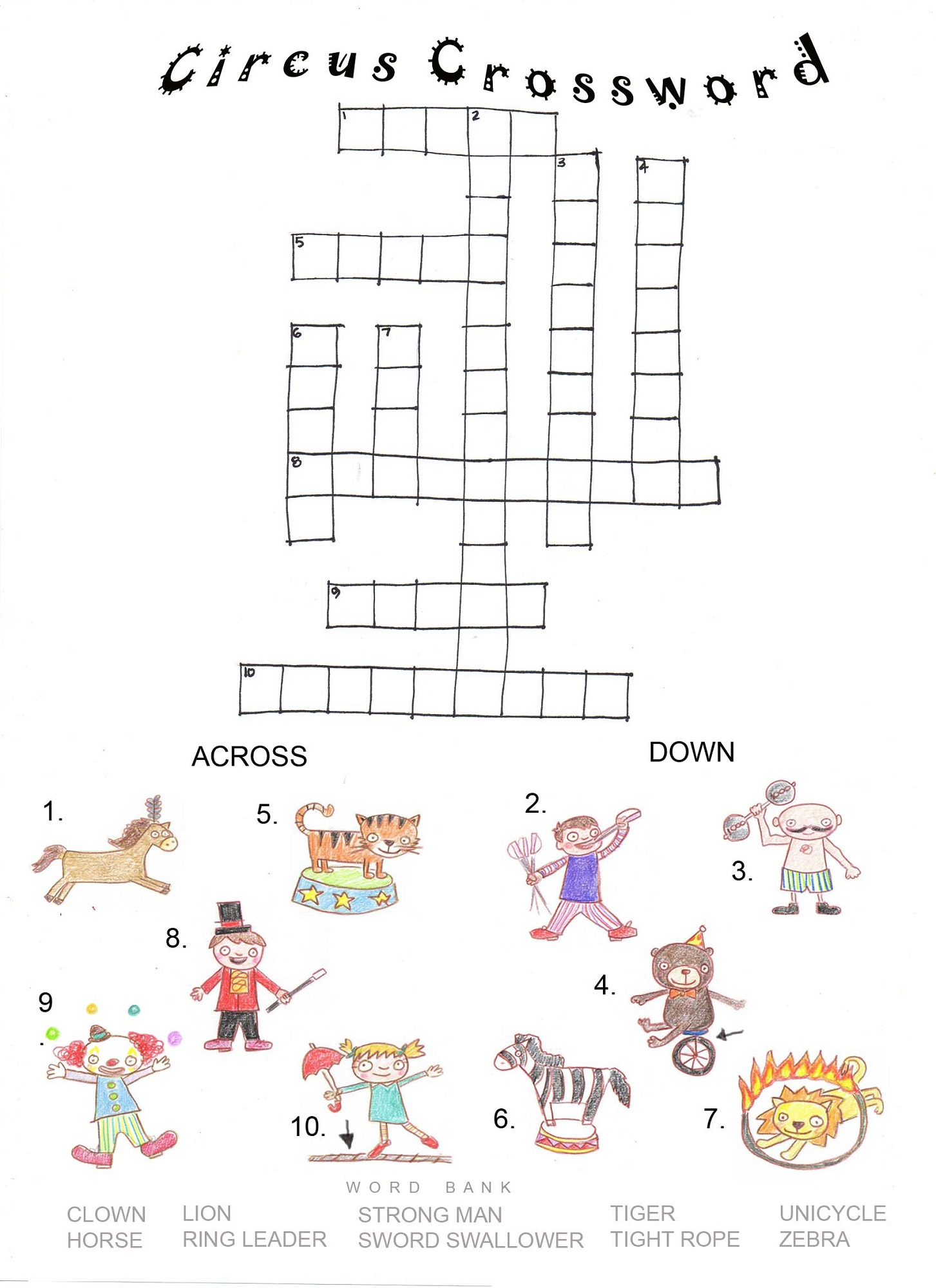 Circus Crossword Puzzle Printables