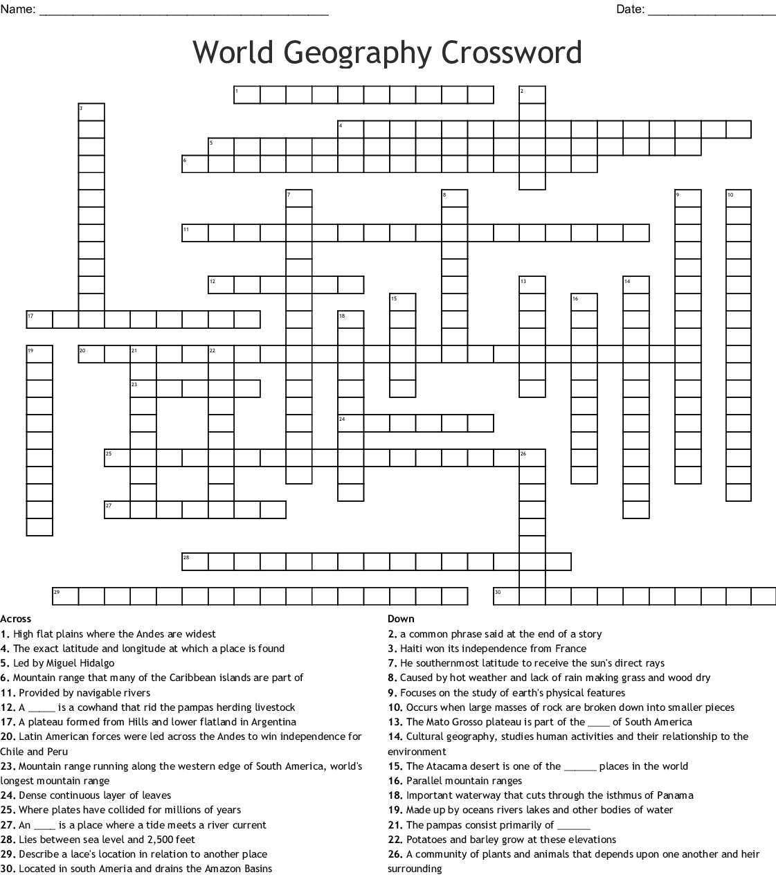 Geography Crossword Puzzle Printable