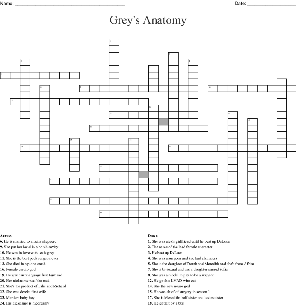 Printable Grey S Anatomy Crossword Puzzles Printable