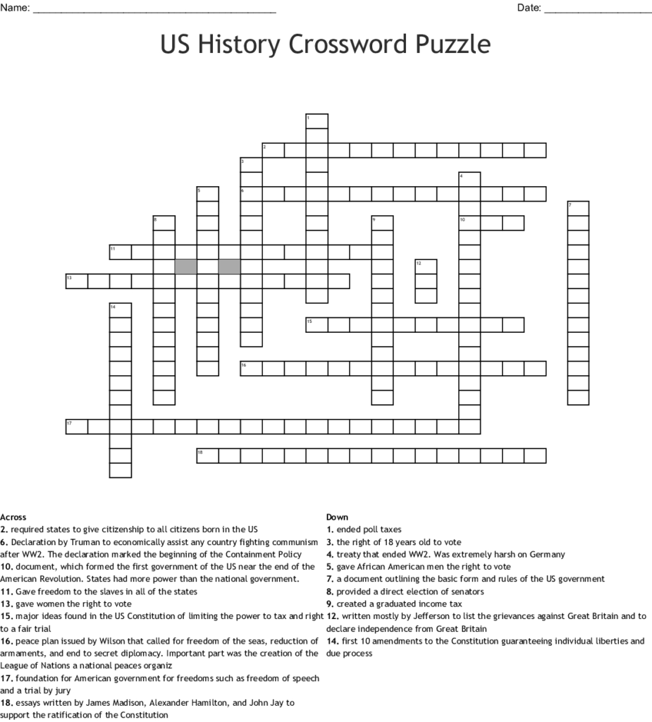 Printable History Crossword Puzzle Printable Crossword