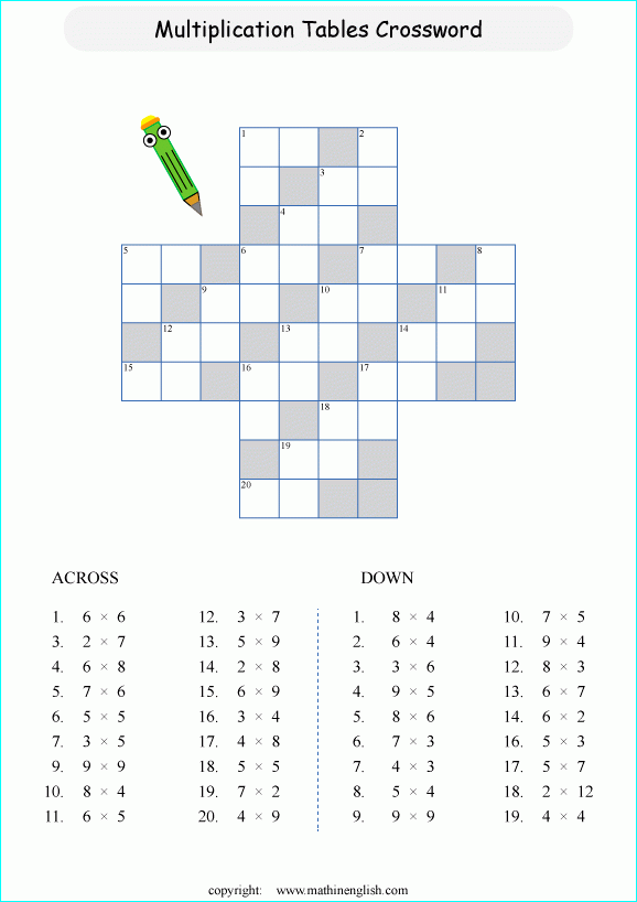Multiplication Crossword Puzzles Printable