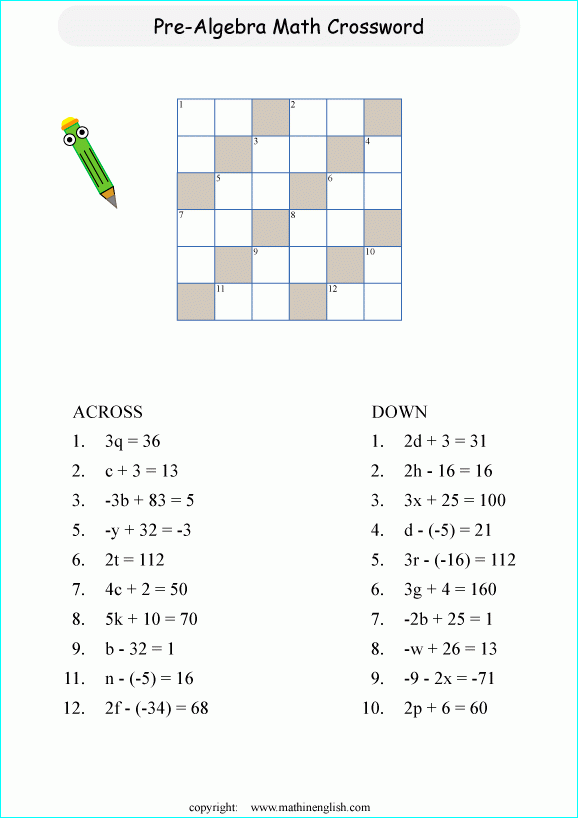 Algebra Crossword Puzzle Printable