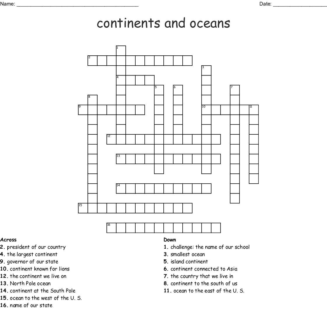 Continents Crossword Puzzle Printable