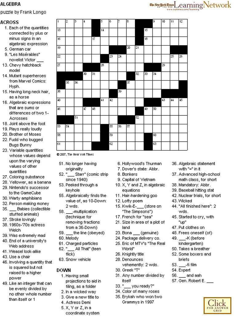 Algebra Crossword Puzzle Printable
