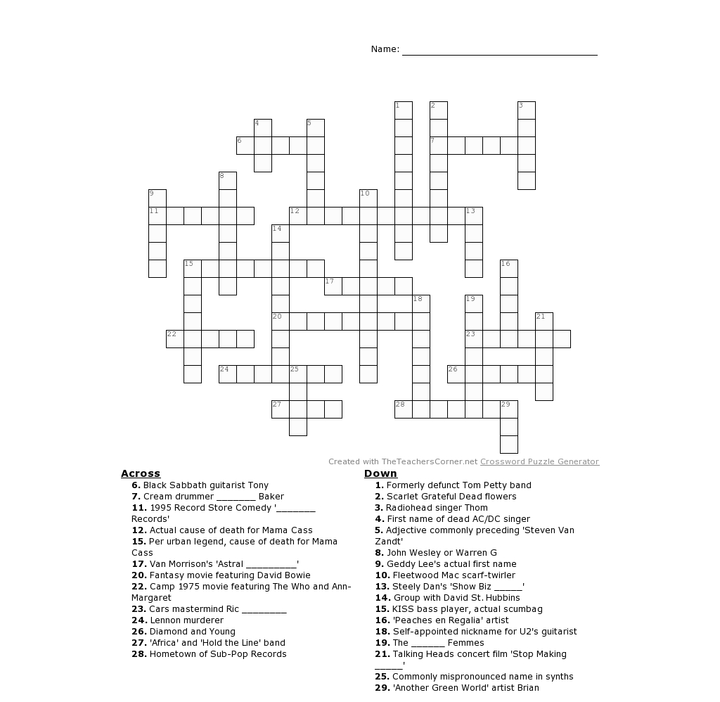 Rock And Roll Crossword Puzzles Printable