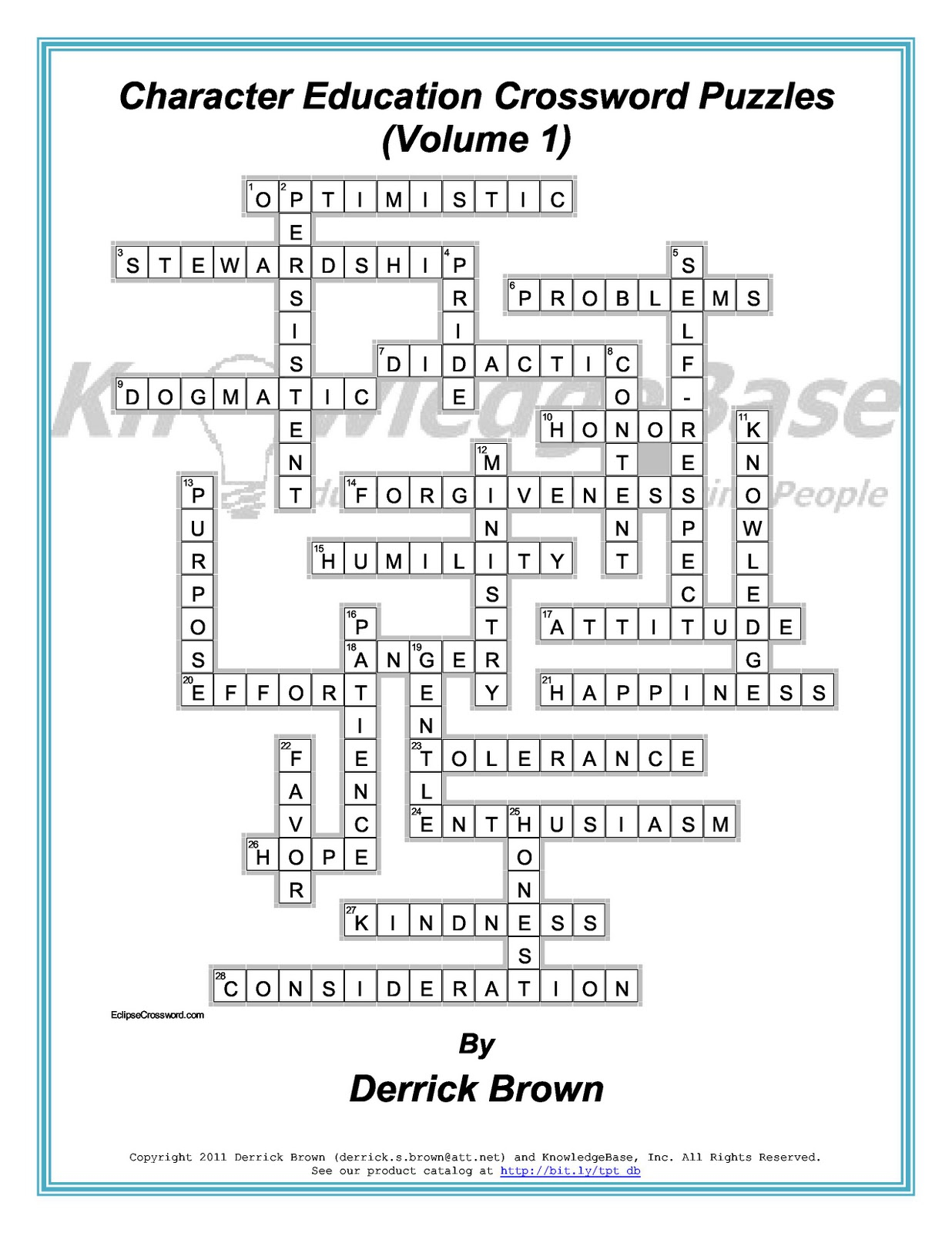 Printable Character Education Crossword Puzzle