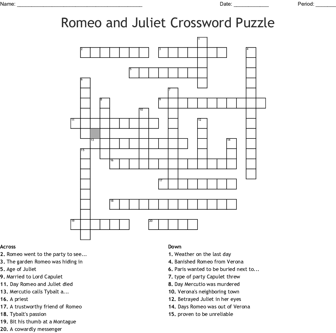 Romeo And Juliet Crossword Puzzle Printable