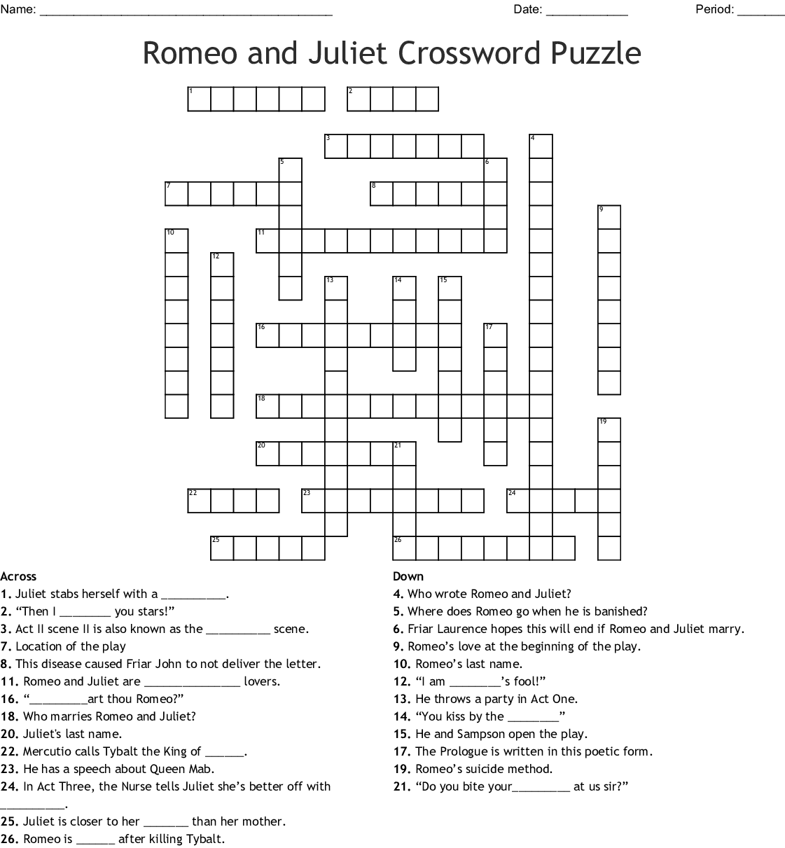 Romeo And Juliet Crossword Puzzle Printable